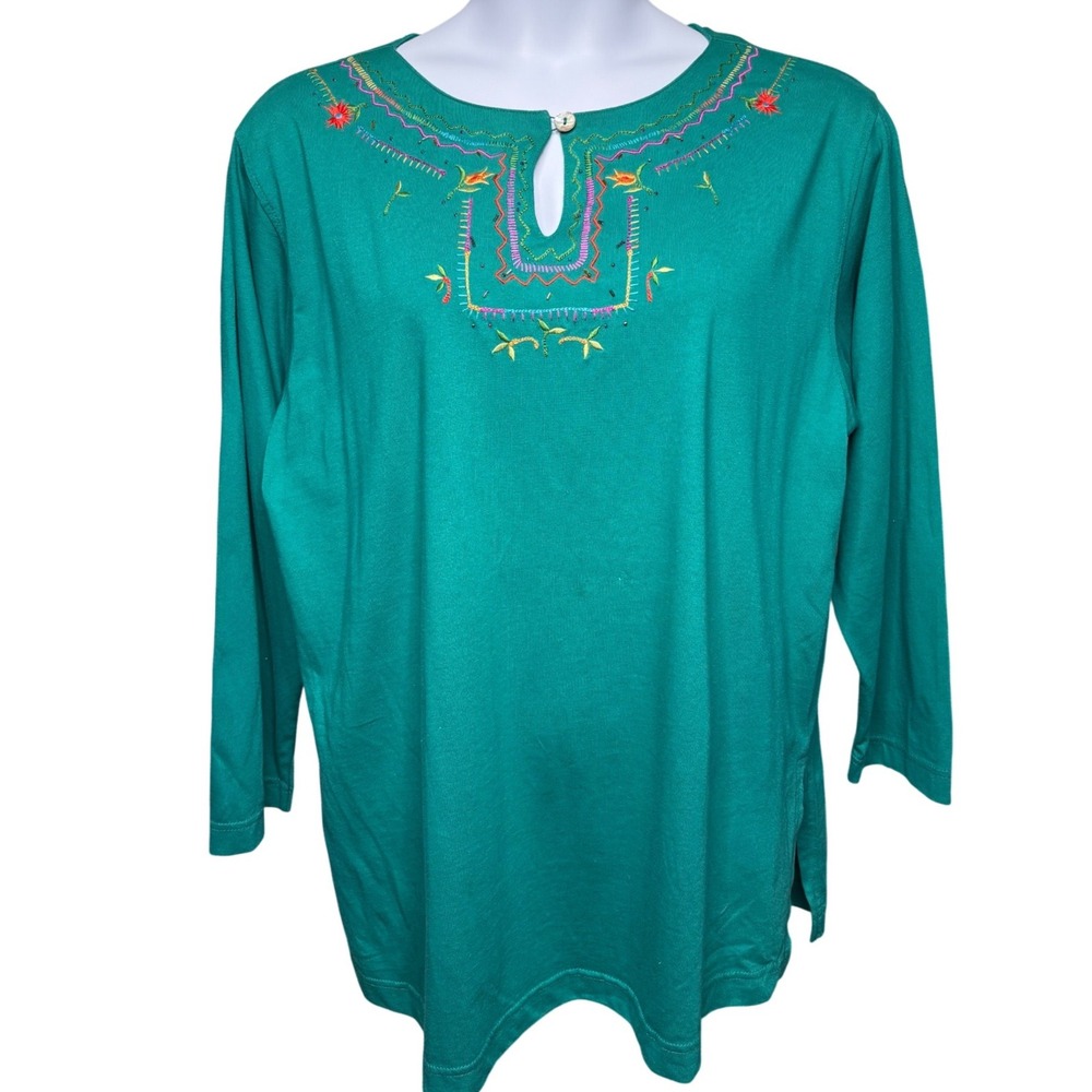 NWT CAROLE LITTLE Womens Teal Embroidered Beaded Peasant Tunic Top 1X Boho Flowy